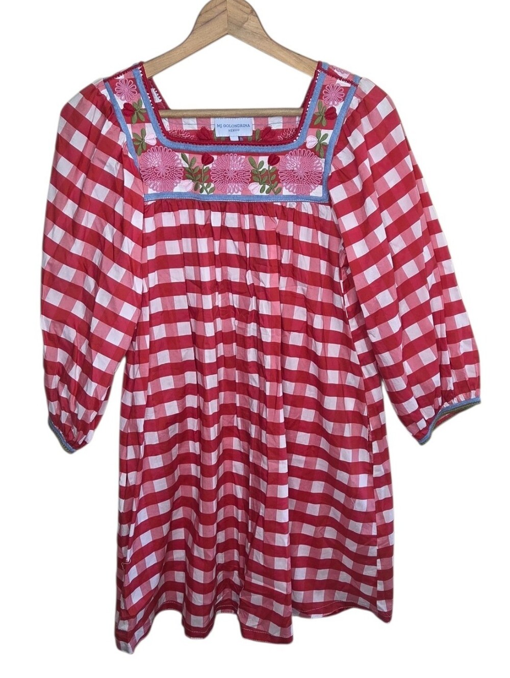 Mi Golondrina Marta Red White Gingham Check Floral Embroidered Dress Size XS